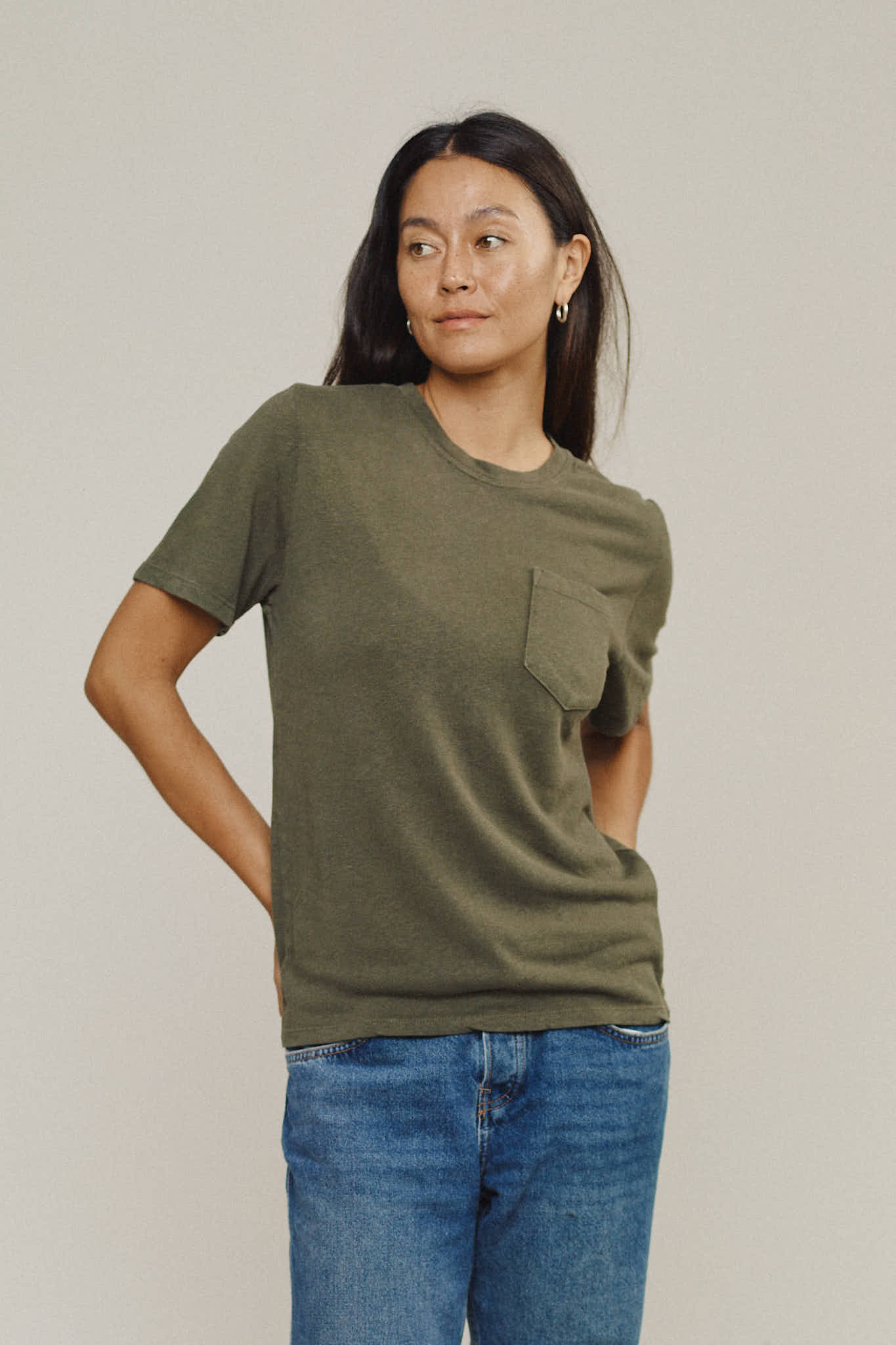 Jungmaven Baja Pocket Tee - Washed White on model